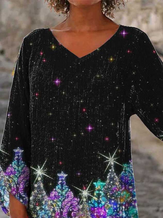 Women's Sequined Christmas Tree Print Casual Top