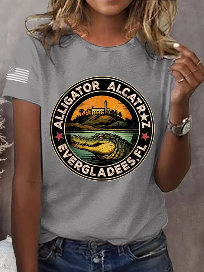 Women's Alligator Alcatraz Funny Florida Everglades Dark Humor Patoitic Print T-Shirt