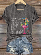 V-Neck Retro Wrinkles Only Go Where Smiles Have Been Print T-Shirt