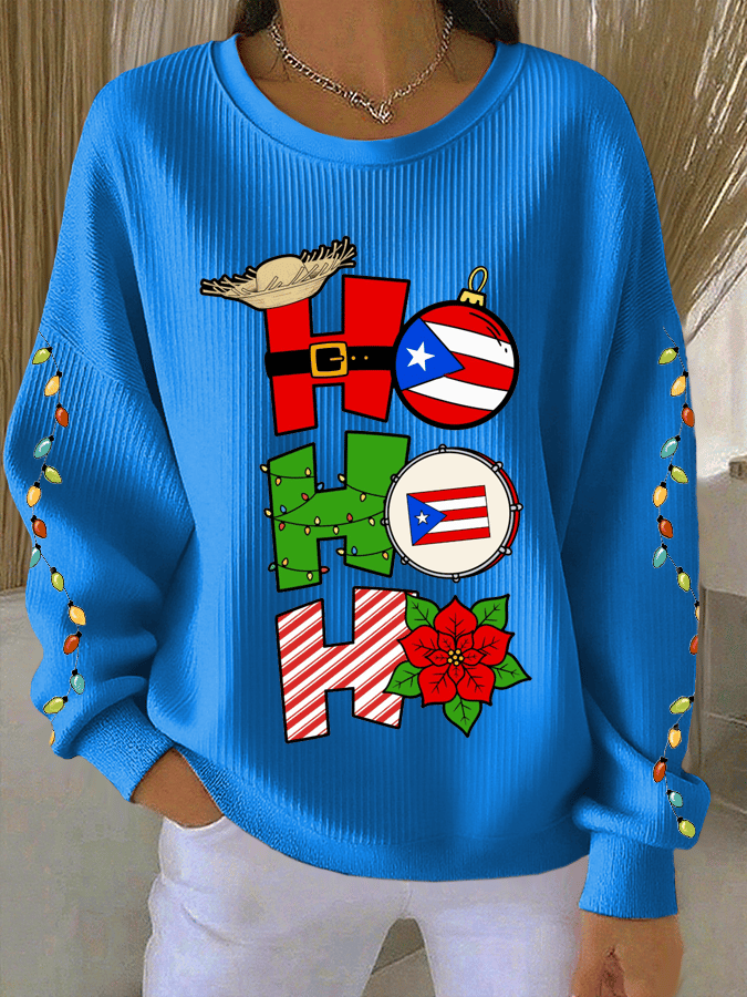Women's Puerto Rican Christmas Print Knit Crew Neck Long Sleeve Top