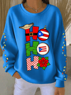 Women's Puerto Rican Christmas Print Knit Crew Neck Long Sleeve Top