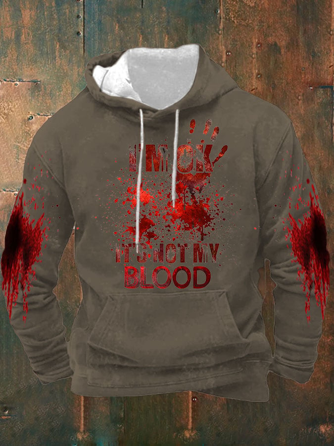 Men's I'M Ok It'S Not My Blood Halloween Printed Hooded Sweatshirt