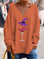 Women's Halloween Skull Wine Print V-Neck T-Shirt