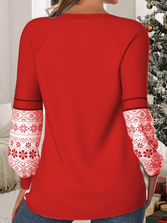 Women's Christmas Printed Raglan Crew Neck Top