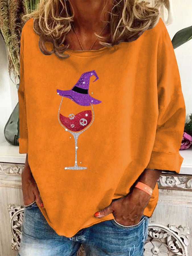 Women's Halloween Skull Wine Print Sweatshirt