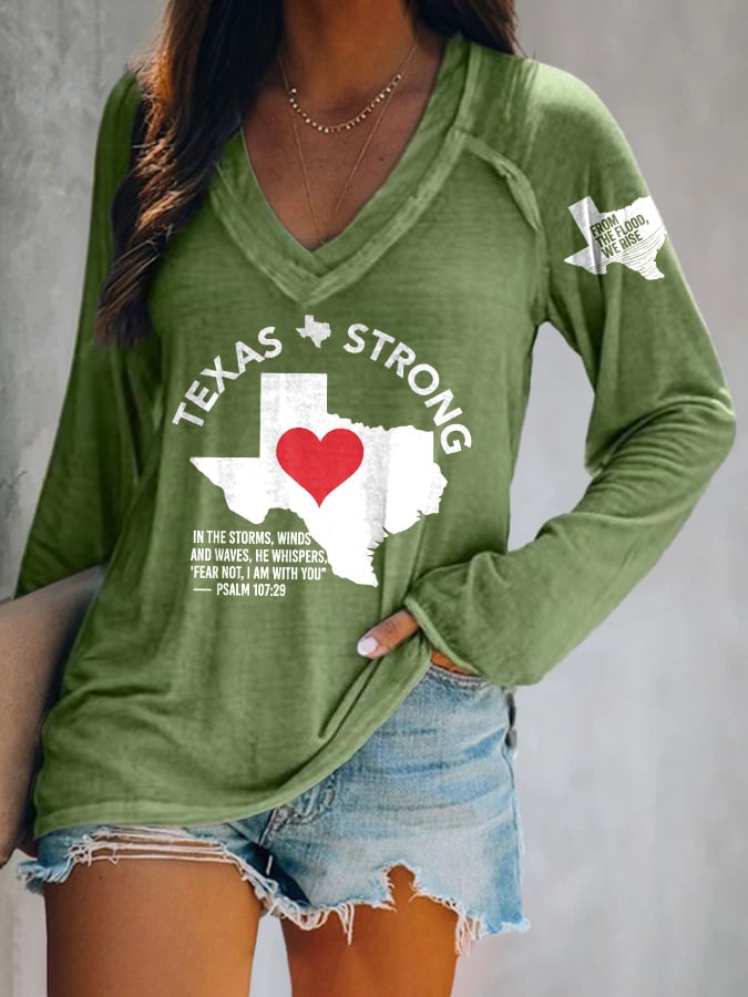 V-neck Retro Texas Strong From The Flood, We Rise Texas Strong In The Storms, Winds And Waves, He Whispers,“Fear Not, I Am With You”— Psalm 107:29 Print T-Shirt