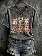 V Neck Retro FDT Pink Christmas Tree With Leopard Print T-Shirt