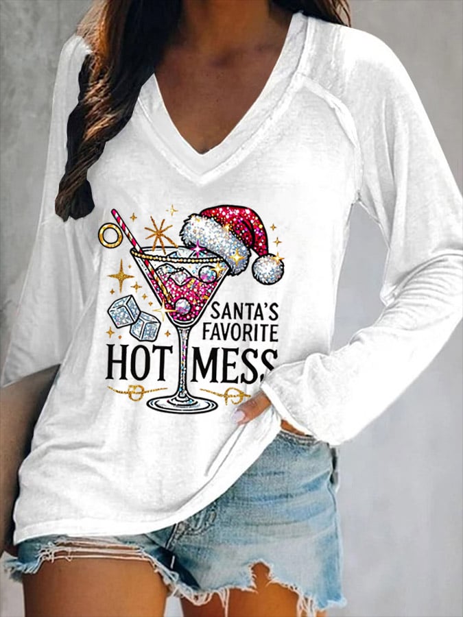 Women's Christmas Santa's Favorite Hot Mess Print V-Neck T-Shirt