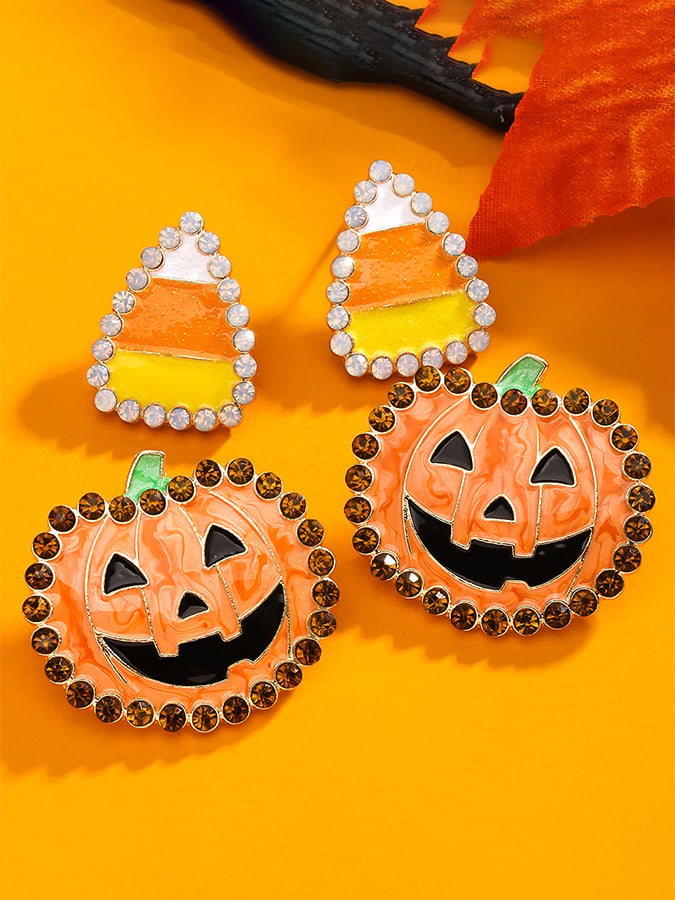 Halloween Color-Block Rhinestone Drip-Glaze Novelty Pumpkin Earrings