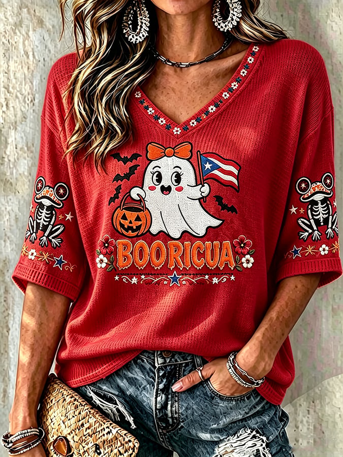 Women's Halloween In Puerto Rico Print Waffle-Knit Top