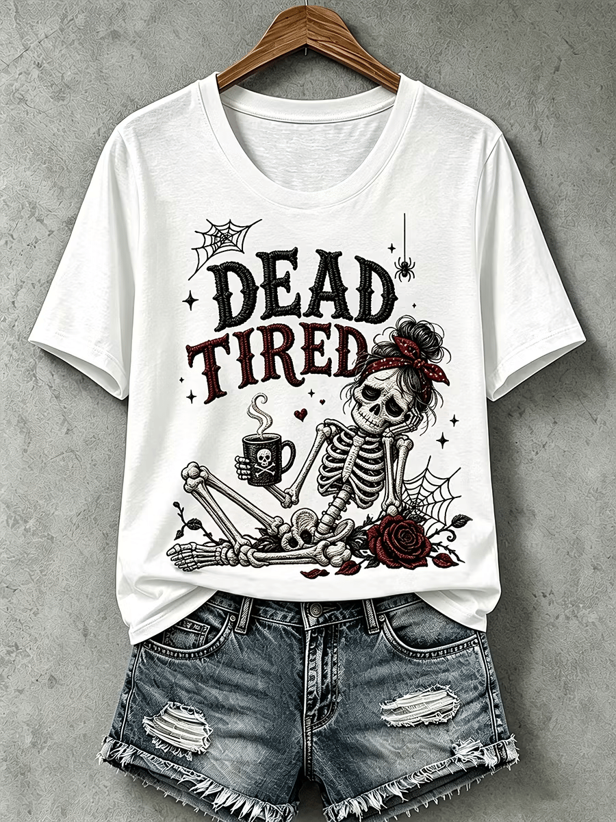 Women's Halloween Dead Tired Print T-Shirt