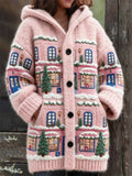 Women's Christmas Snow Village Print Hooded Cardigan