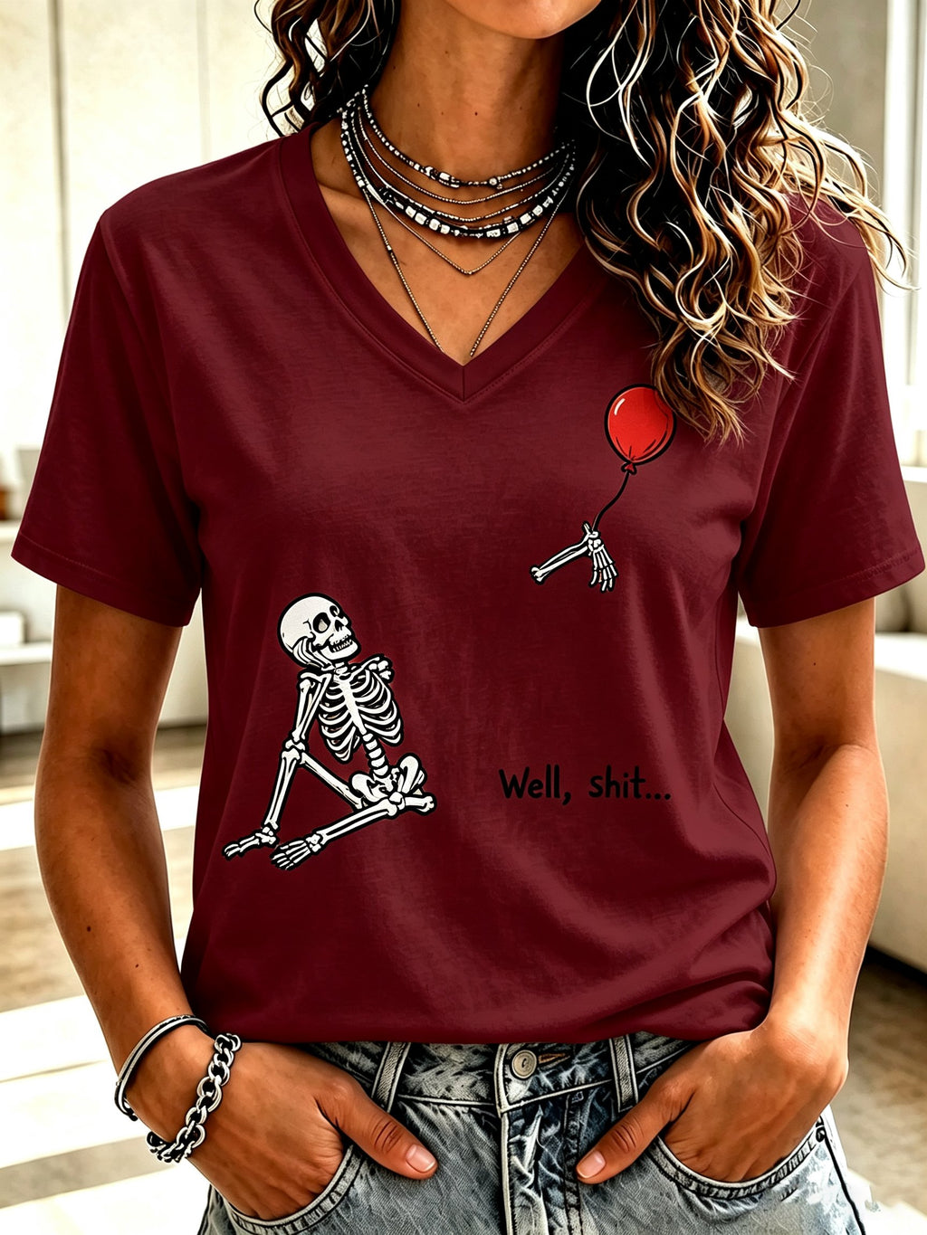 Women's Retro Halloween Well, shit... Print V Neck T-Shirt
