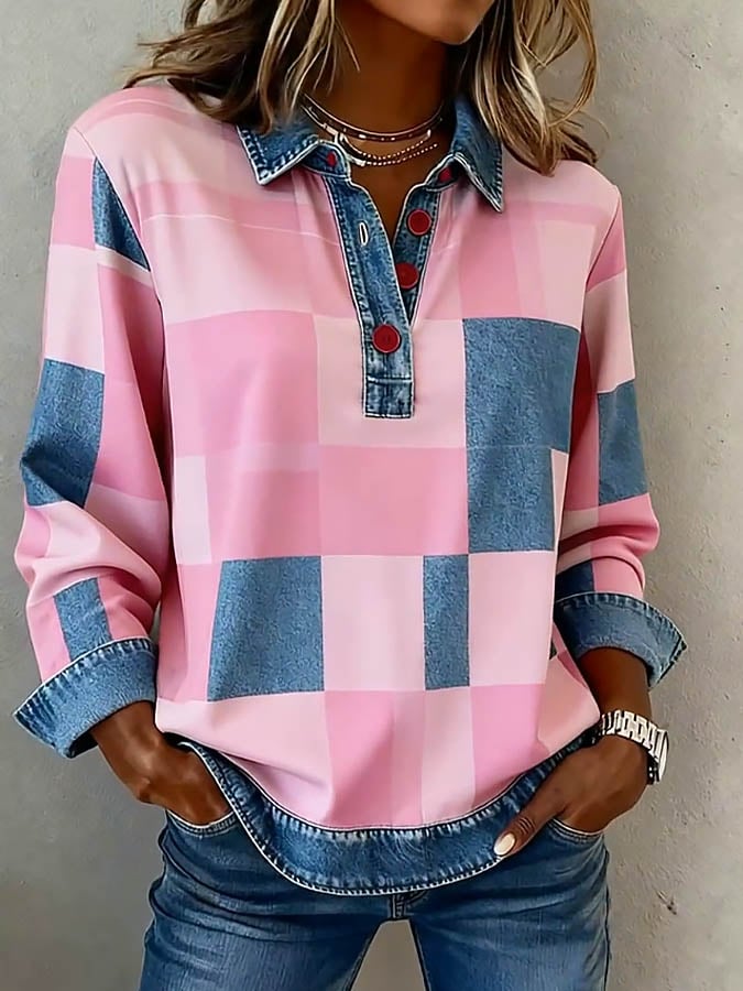 Women'S Casual Lapel Contrast Color Stitching Plaid Top