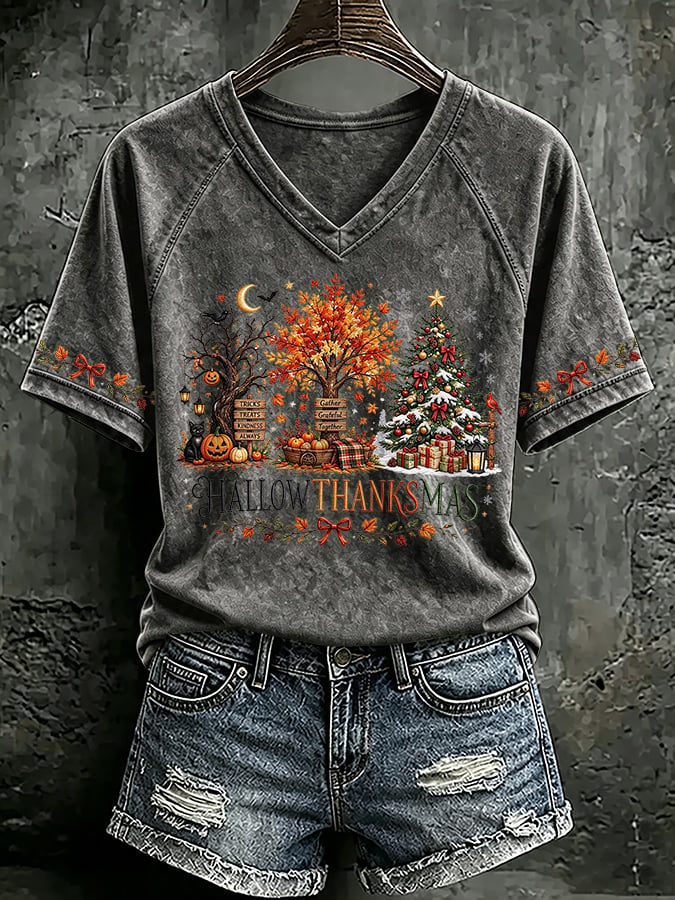 🔥🔥2nd 50% Off 🔥🔥V Neck Retro Happy Hallothanksmas Halloween Thanksgiving Christmas Print T-Shirt