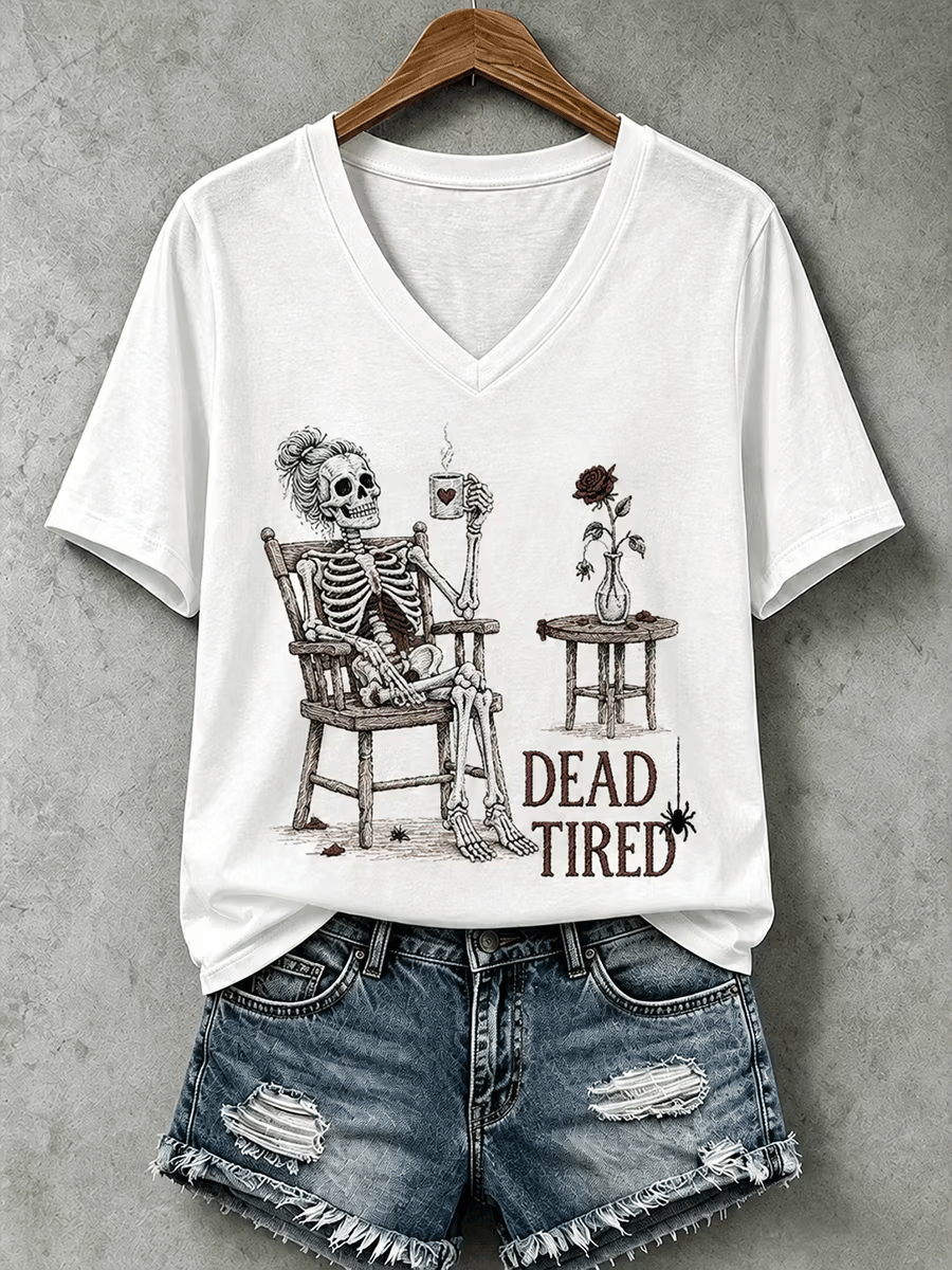 Women's Halloween Dead Tired Print V Neck T-Shirt