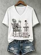 Women's Halloween Dead Tired Print V Neck T-Shirt