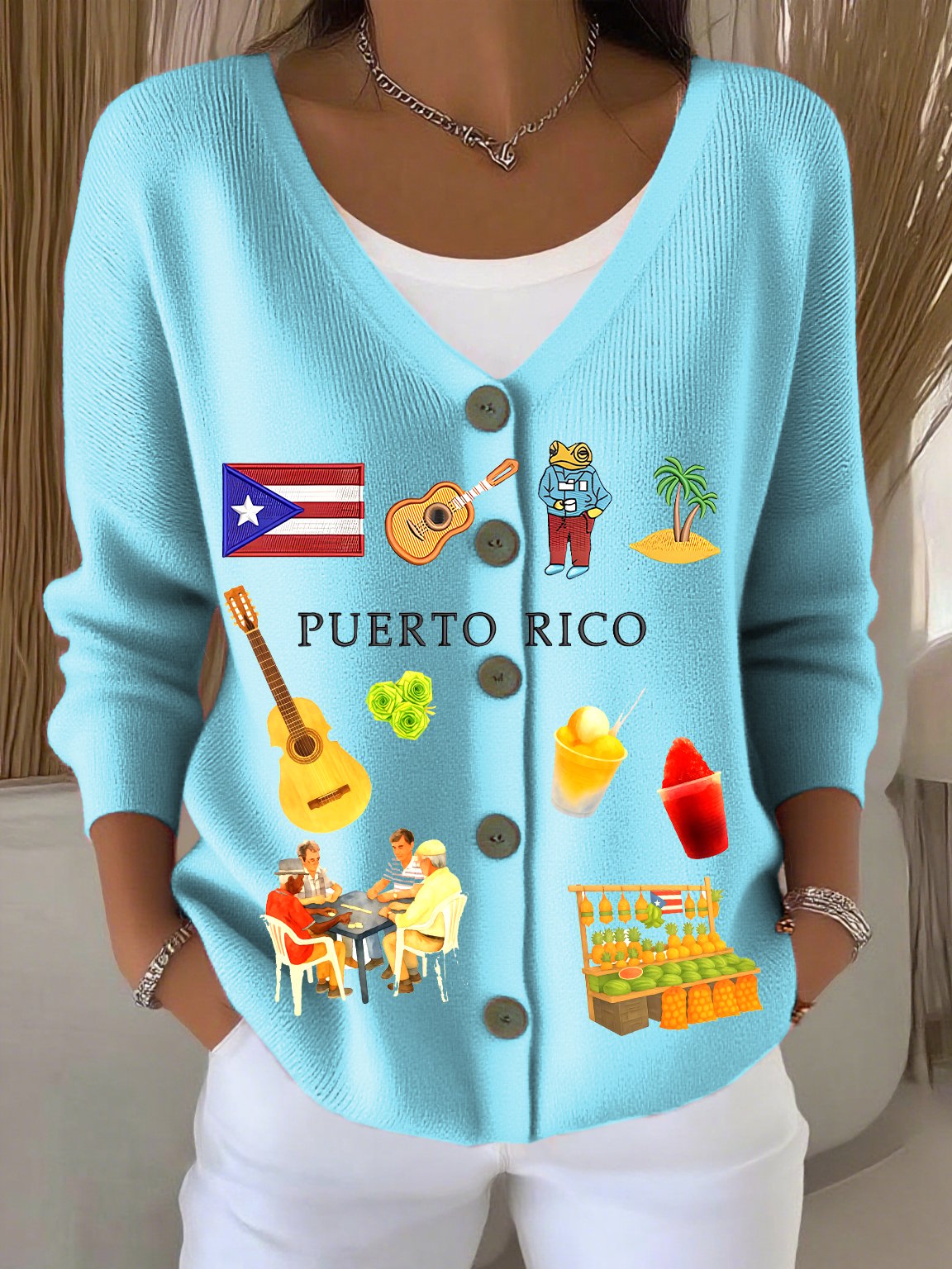 Puerto Rican Print Thick Needle Striped Cardigan