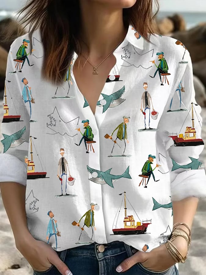 Women's Shark Art Print Casual Shirt