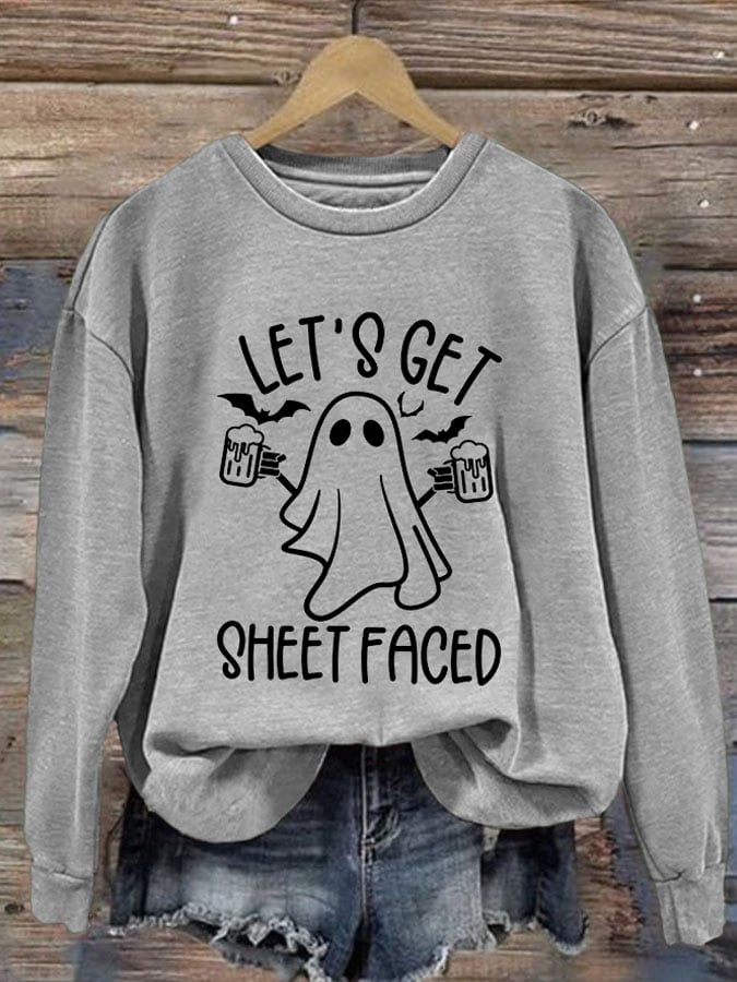 Women'S Halloween Let's Get Sheet Faced Printed Sweatshirt