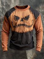 Men's Retro Color-Block Halloween Print Crew-Neck Long-Sleeve Sweatshirt