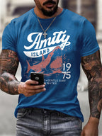 Men's Amity Island 1975 Clear Skies Gentle Surf Warm Water Printed Round Neck T-Shirt