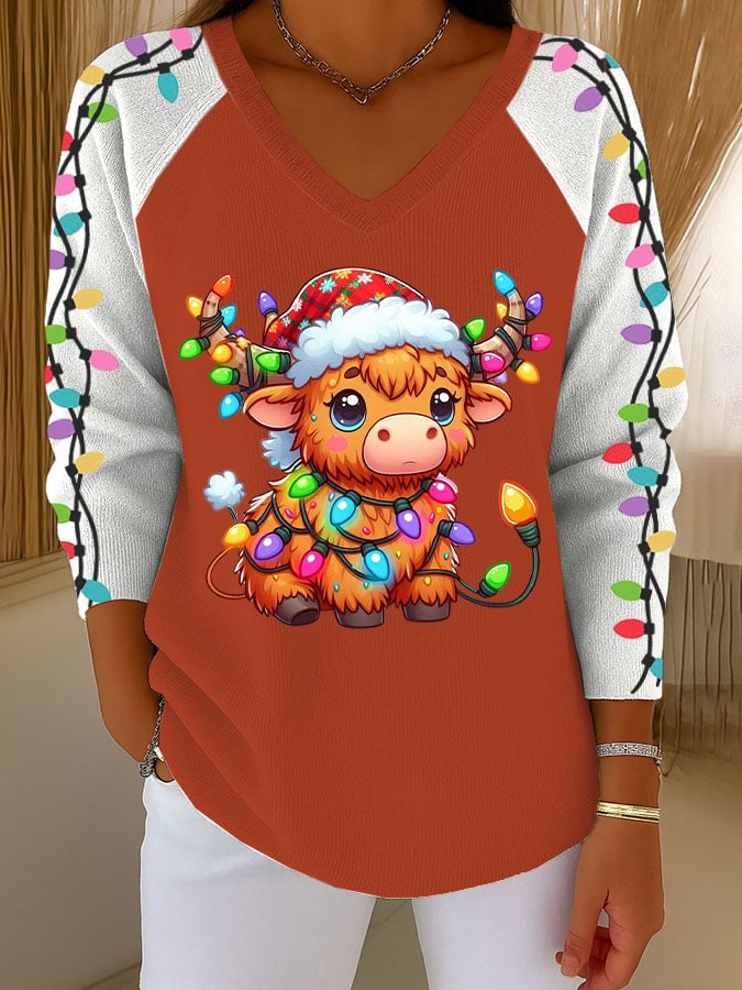 Women's Retro Fun Christmas Highland Cow Light String Print Top