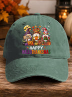 Retro Happy Hallothanksmas Gnome Halloween Thanksgiving Christmas Print Baseball Cap