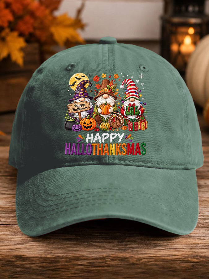 Retro Happy Hallothanksmas Gnome Halloween Thanksgiving Christmas Print Baseball Cap