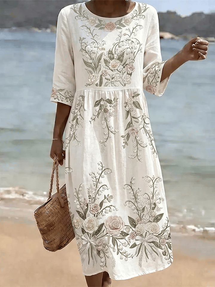 Women's Casual Solid Color Round Neck Mid-Sleeve Floral Print Cotton Linen Dress