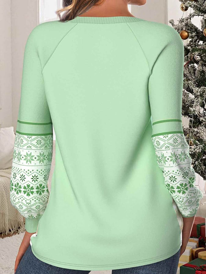 Women's Christmas Printed Raglan Crew Neck Top