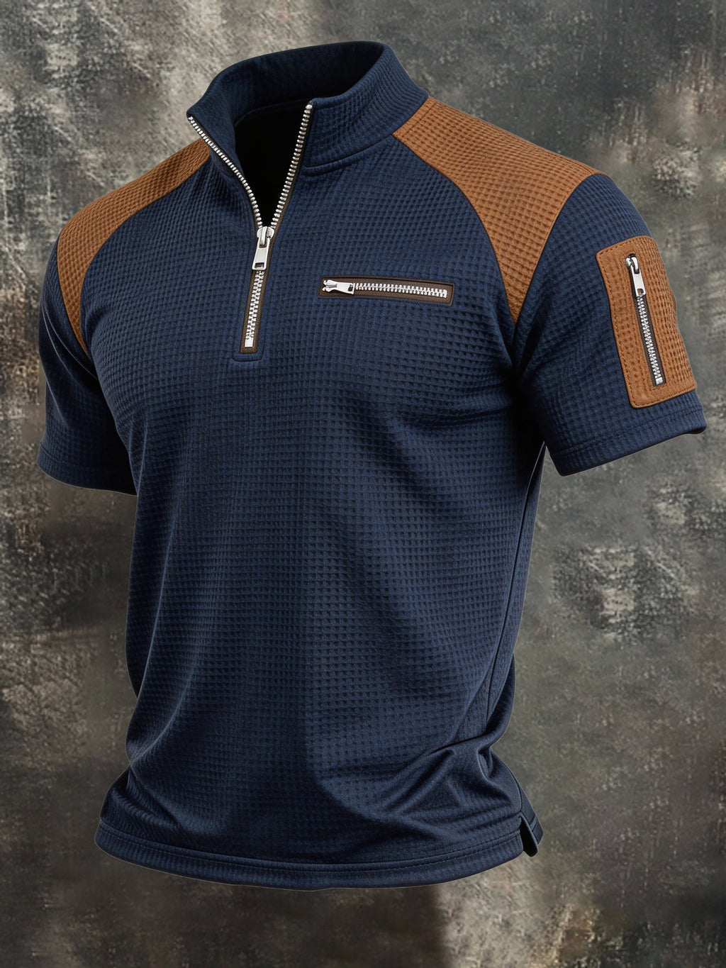 Men's Retro Waffle-Knit Colorblock Half-Zip Polo Shirt