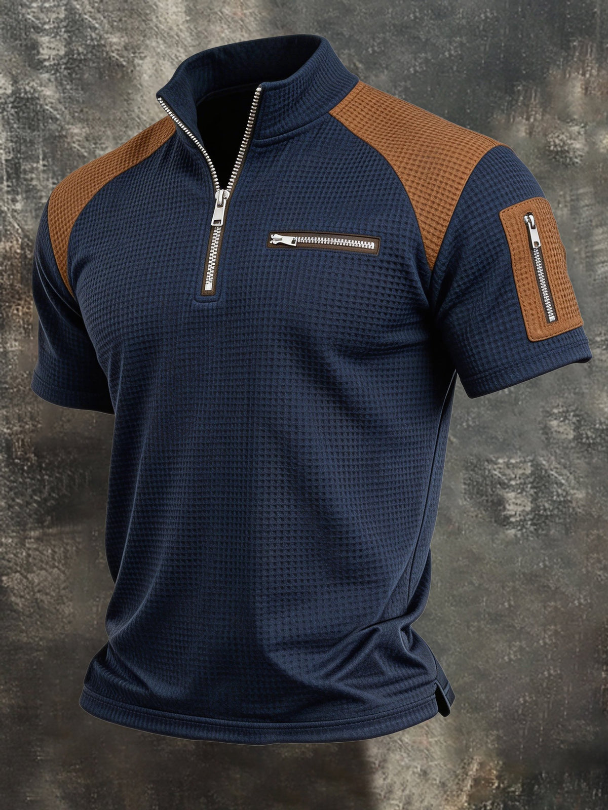 Men's Retro Waffle-Knit Colorblock Half-Zip Polo Shirt