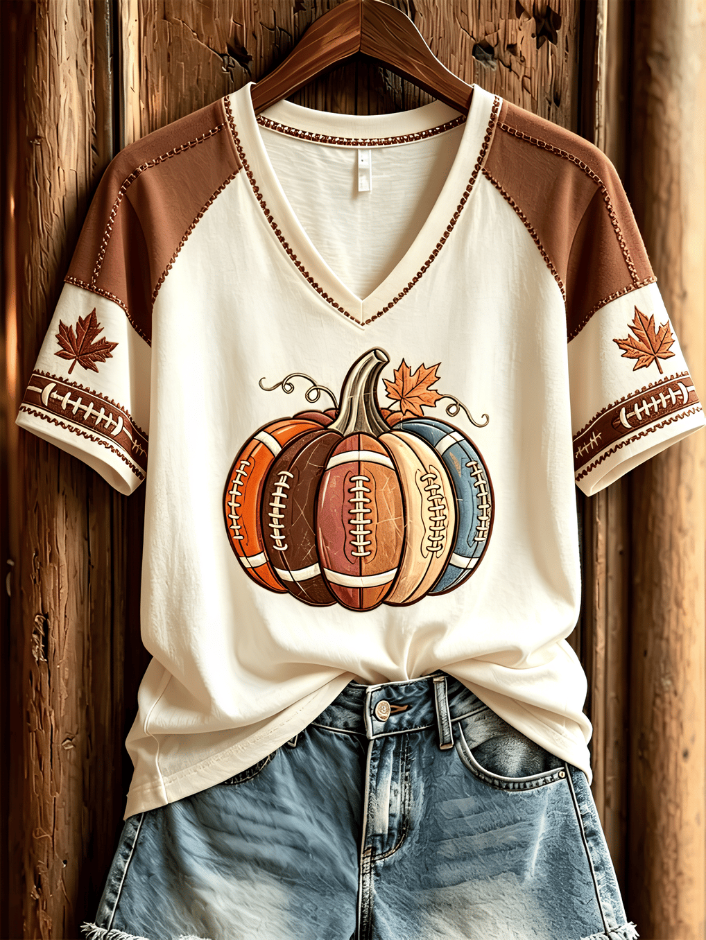 Women's Football Inspired Fall Pumpkin Print T-shirt