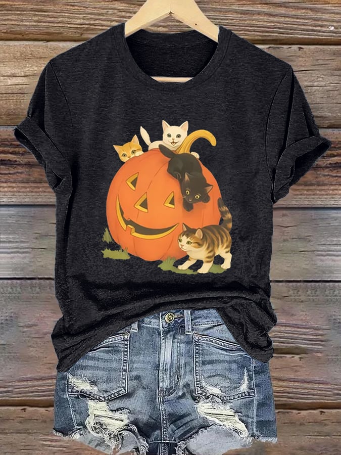 Women's Halloween Pumpkin Cat Print T-Shirt