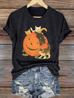 Women's Halloween Pumpkin Cat Print T-Shirt