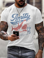 Men's Amity Island 1975 Clear Skies Gentle Surf Warm Water Printed Round Neck T-Shirt