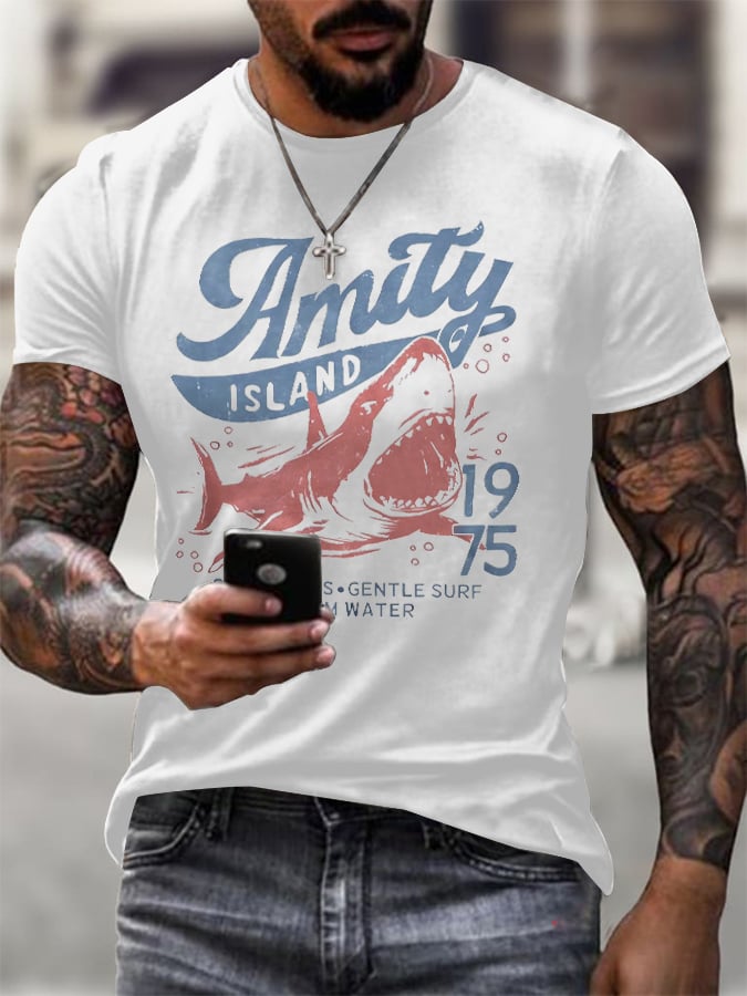 Men's Amity Island 1975 Clear Skies Gentle Surf Warm Water Printed Round Neck T-Shirt