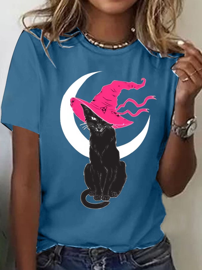 Women's Witch Cat  Printed Short-Sleeved T-Shirt