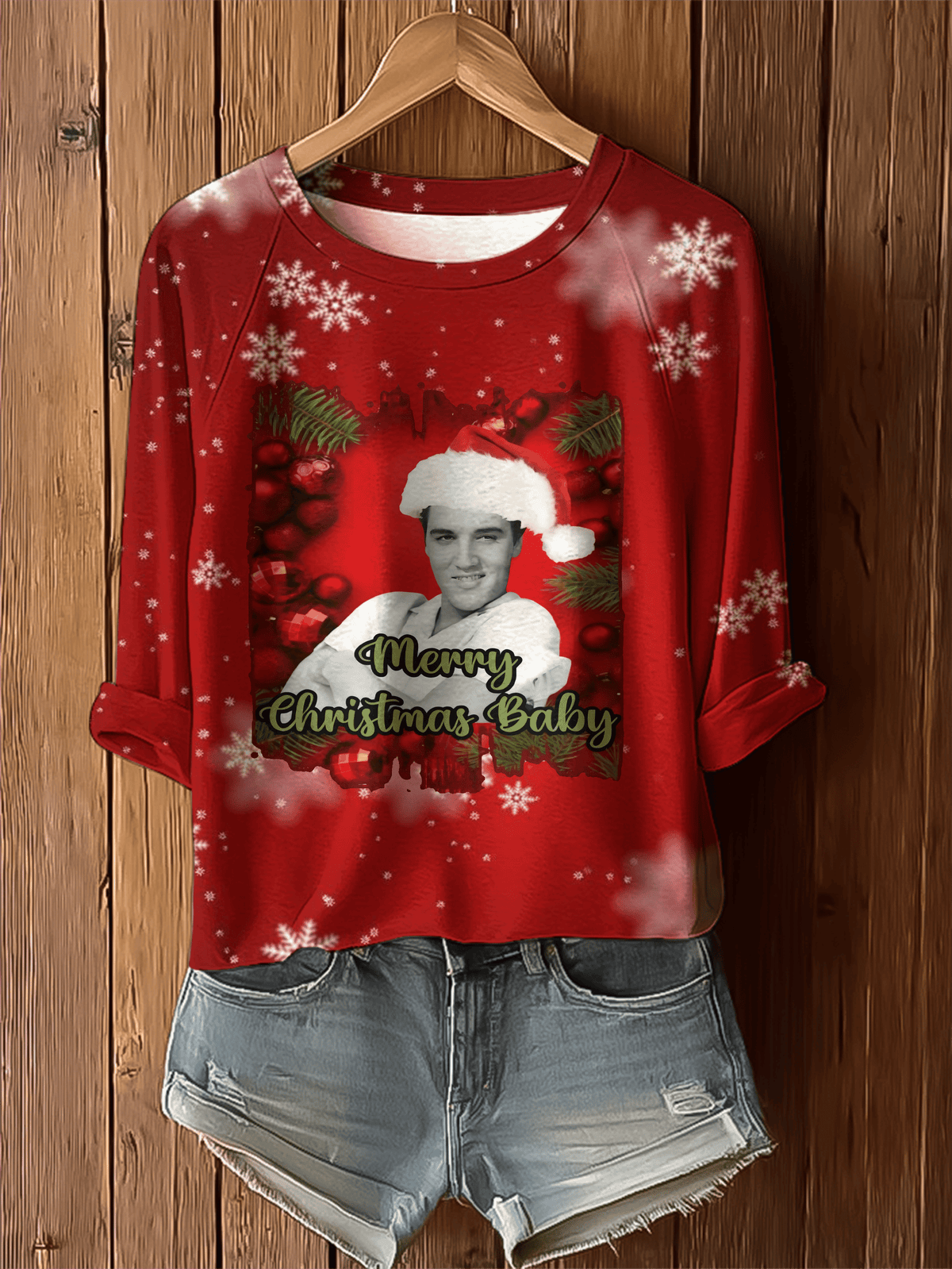 Merry Christmas King of Rock and Roll Printed Raglan Top