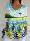 Women's Faith Autumn Oil Painting Style Blue Hat Flower V-Neck Print Long Top