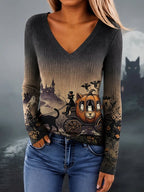 Women's Halloween Scary Pumpkin Face Cat Art Print Top