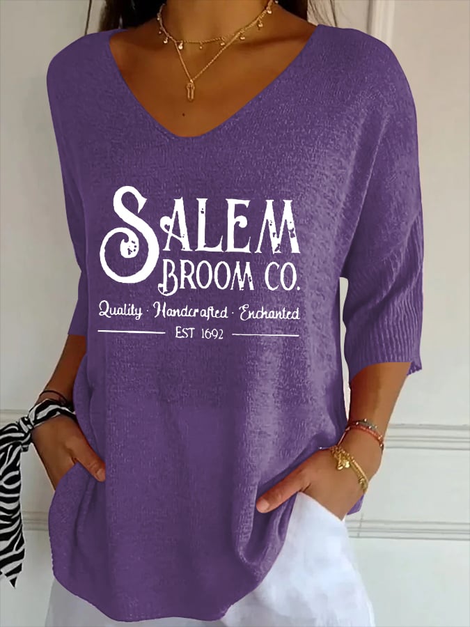 Women's Salem Broom Co Quality Handcrafted Enchanted Est 1692 Print Casual T-Shirt