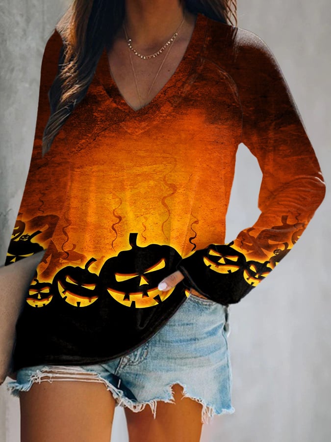 Women'S Halloween Pumpkin Print Long Sleeve T-Shirt