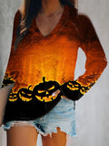 Women'S Halloween Pumpkin Print Long Sleeve T-Shirt
