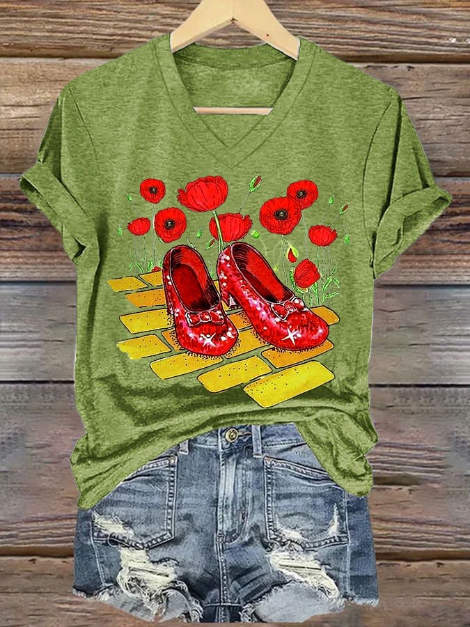 Women's Halloween Red Shoes Printed Casual T-Shirts