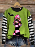 Women's Witch And Cat Print Crew Neck Sweatshirt
