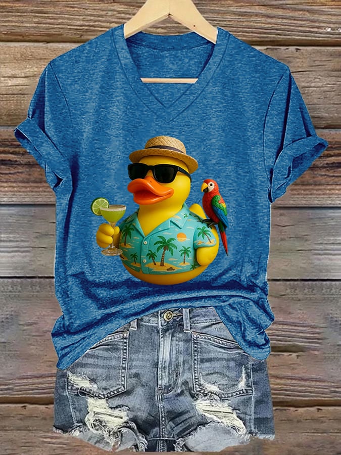 V-Neck Retro Parrot Margarita Memorial Duck Print T-Shirt
