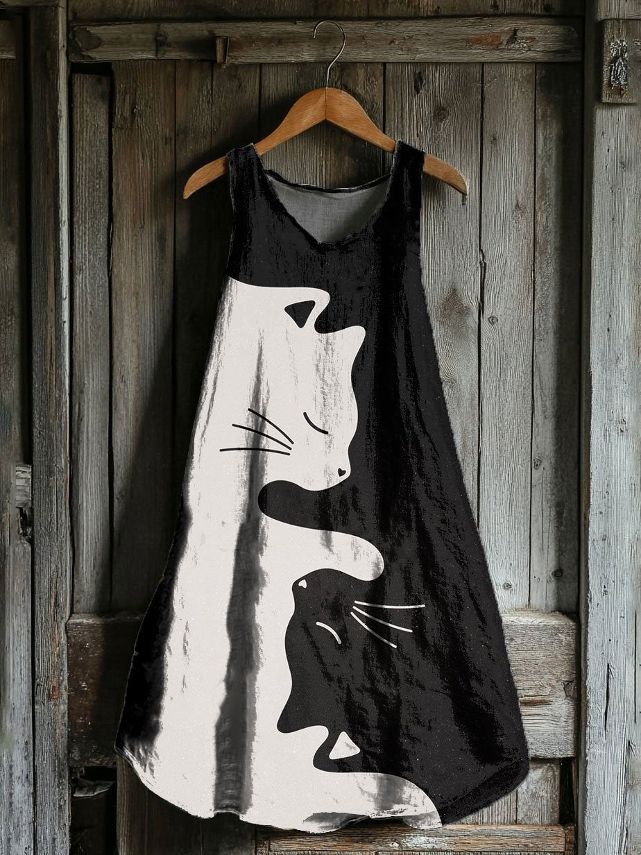 Women's Vintage Animal Cat Print Linen Blend Tank Dress