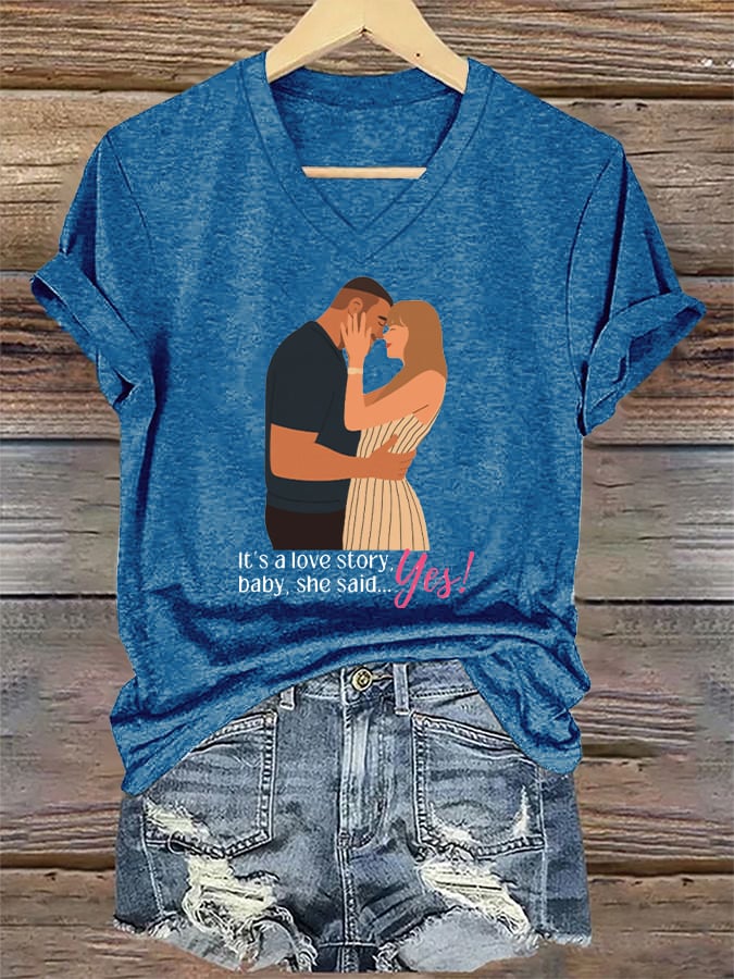 V-Neck Retro It’s A Love Story, She Said Yes Print T-Shirt